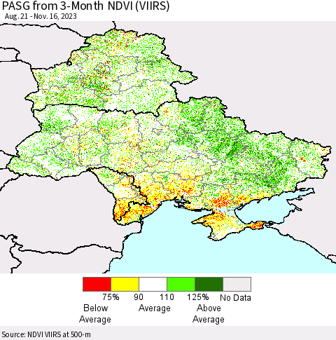 Ukraine, Moldova and Belarus PASG from 3-Month NDVI (VIIRS) Thematic Map For 11/9/2023 - 11/16/2023