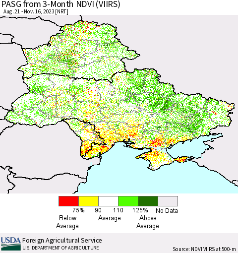 Ukraine, Moldova and Belarus PASG from 3-Month NDVI (VIIRS) Thematic Map For 11/11/2023 - 11/20/2023