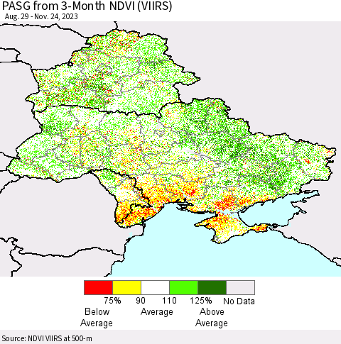 Ukraine, Moldova and Belarus PASG from 3-Month NDVI (VIIRS) Thematic Map For 11/17/2023 - 11/24/2023