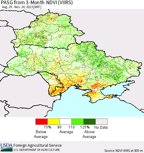Ukraine, Moldova and Belarus PASG from 3-Month NDVI (VIIRS) Thematic Map For 11/21/2023 - 11/30/2023