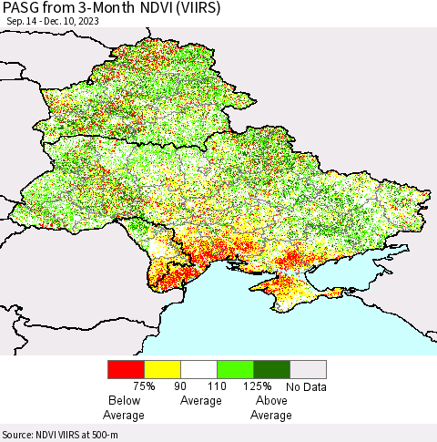 Ukraine, Moldova and Belarus PASG from 3-Month NDVI (VIIRS) Thematic Map For 12/3/2023 - 12/10/2023