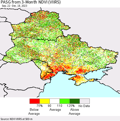 Ukraine, Moldova and Belarus PASG from 3-Month NDVI (VIIRS) Thematic Map For 12/11/2023 - 12/18/2023