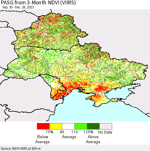 Ukraine, Moldova and Belarus PASG from 3-Month NDVI (VIIRS) Thematic Map For 12/19/2023 - 12/26/2023