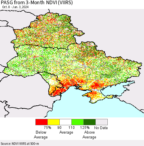 Ukraine, Moldova and Belarus PASG from 3-Month NDVI (VIIRS) Thematic Map For 12/27/2023 - 1/3/2024