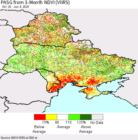 Ukraine, Moldova and Belarus PASG from 3-Month NDVI (VIIRS) Thematic Map For 1/1/2024 - 1/8/2024