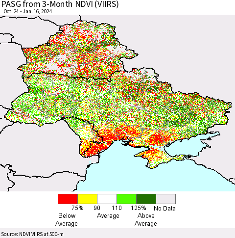 Ukraine, Moldova and Belarus PASG from 3-Month NDVI (VIIRS) Thematic Map For 1/9/2024 - 1/16/2024