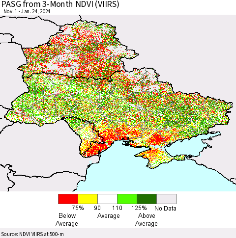 Ukraine, Moldova and Belarus PASG from 3-Month NDVI (VIIRS) Thematic Map For 1/17/2024 - 1/24/2024