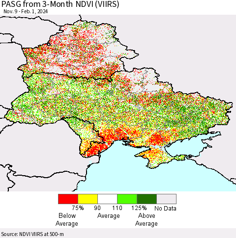 Ukraine, Moldova and Belarus PASG from 3-Month NDVI (VIIRS) Thematic Map For 1/25/2024 - 2/1/2024