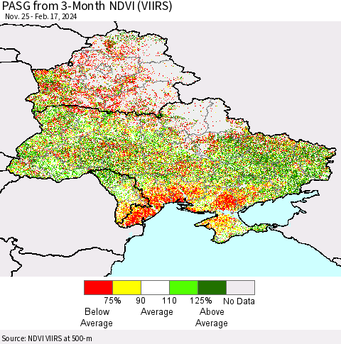 Ukraine, Moldova and Belarus PASG from 3-Month NDVI (VIIRS) Thematic Map For 2/10/2024 - 2/17/2024