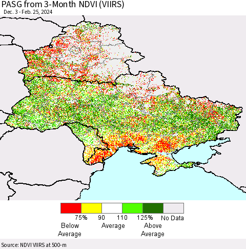 Ukraine, Moldova and Belarus PASG from 3-Month NDVI (VIIRS) Thematic Map For 2/18/2024 - 2/25/2024