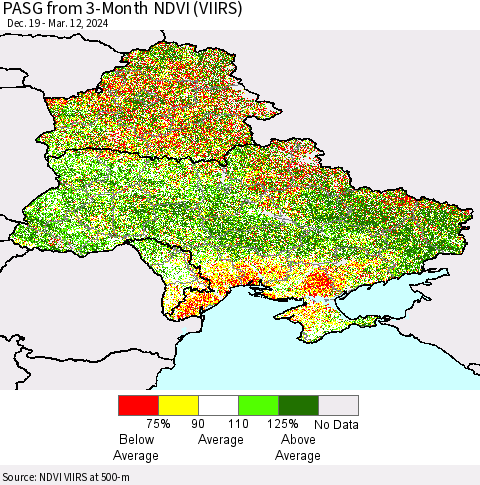 Ukraine, Moldova and Belarus PASG from 3-Month NDVI (VIIRS) Thematic Map For 3/5/2024 - 3/12/2024