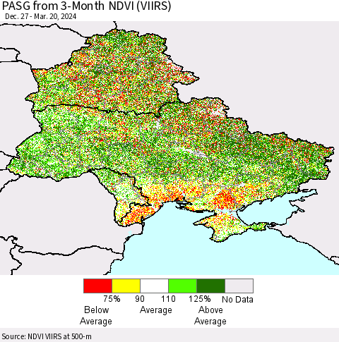 Ukraine, Moldova and Belarus PASG from 3-Month NDVI (VIIRS) Thematic Map For 3/13/2024 - 3/20/2024