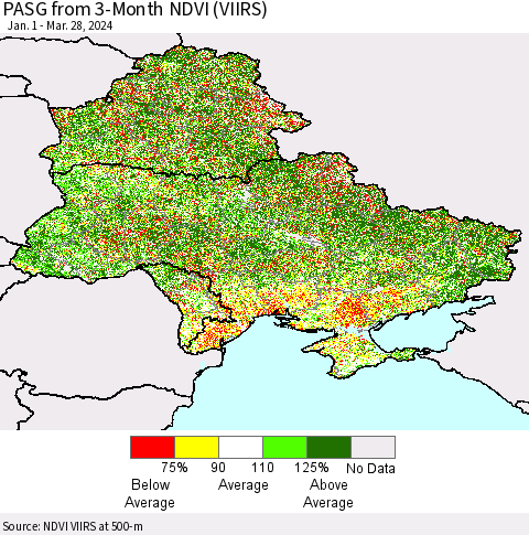 Ukraine, Moldova and Belarus PASG from 3-Month NDVI (VIIRS) Thematic Map For 3/21/2024 - 3/28/2024