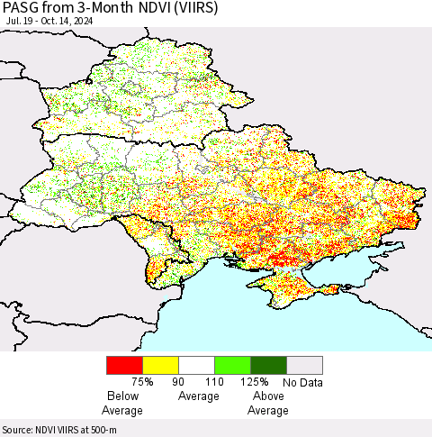 Ukraine, Moldova and Belarus PASG from 3-Month NDVI (VIIRS) Thematic Map For 10/7/2024 - 10/14/2024