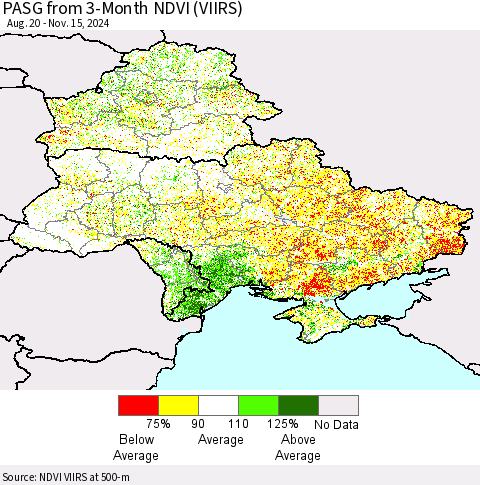 Ukraine, Moldova and Belarus PASG from 3-Month NDVI (VIIRS) Thematic Map For 11/8/2024 - 11/15/2024