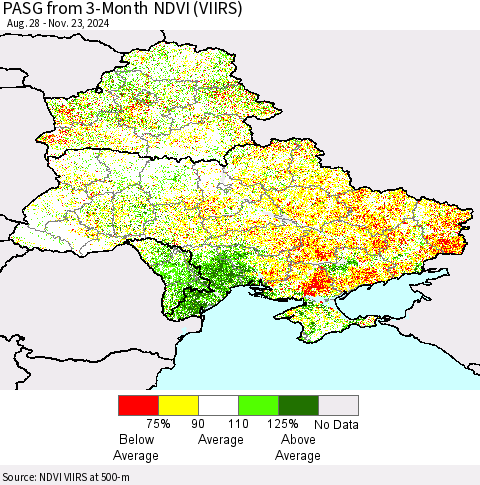 Ukraine, Moldova and Belarus PASG from 3-Month NDVI (VIIRS) Thematic Map For 11/16/2024 - 11/23/2024