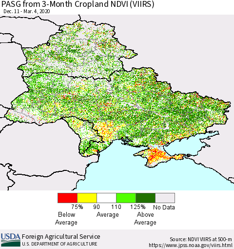 Ukraine, Moldova and Belarus PASG from 3-Month Cropland NDVI (VIIRS) Thematic Map For 3/1/2020 - 3/10/2020