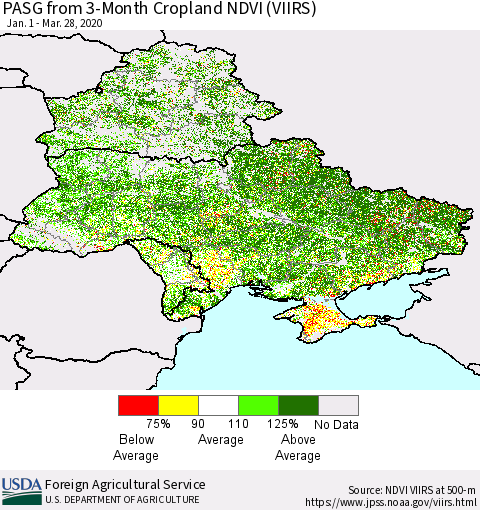 Ukraine, Moldova and Belarus PASG from 3-Month Cropland NDVI (VIIRS) Thematic Map For 3/21/2020 - 3/31/2020