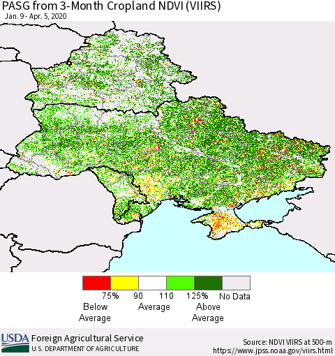 Ukraine, Moldova and Belarus PASG from 3-Month Cropland NDVI (VIIRS) Thematic Map For 4/1/2020 - 4/10/2020