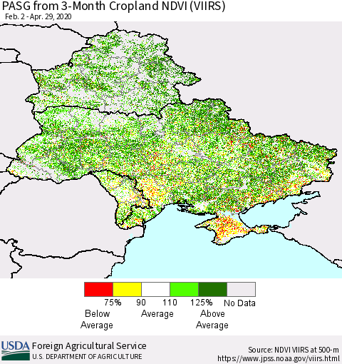 Ukraine, Moldova and Belarus PASG from 3-Month Cropland NDVI (VIIRS) Thematic Map For 4/21/2020 - 4/30/2020
