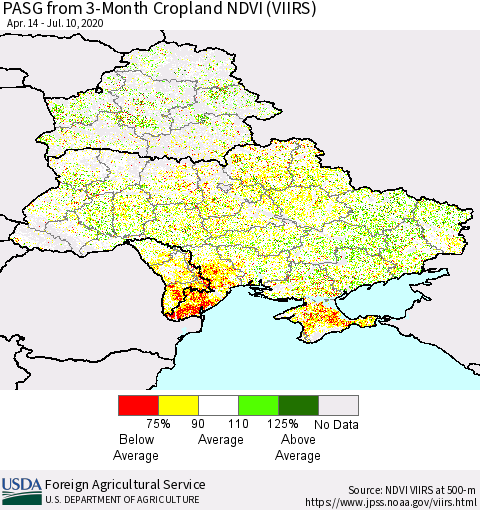 Ukraine, Moldova and Belarus PASG from 3-Month Cropland NDVI (VIIRS) Thematic Map For 7/1/2020 - 7/10/2020