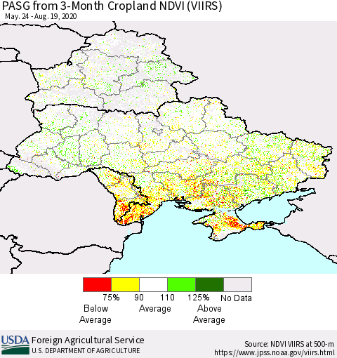 Ukraine, Moldova and Belarus PASG from 3-Month Cropland NDVI (VIIRS) Thematic Map For 8/11/2020 - 8/20/2020