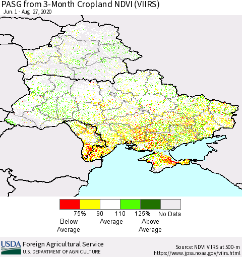 Ukraine, Moldova and Belarus PASG from 3-Month Cropland NDVI (VIIRS) Thematic Map For 8/21/2020 - 8/31/2020