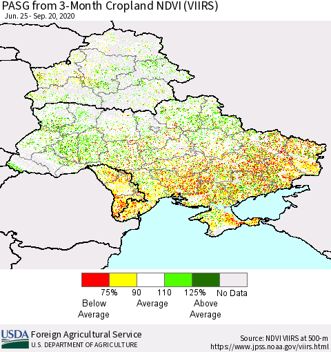 Ukraine, Moldova and Belarus PASG from 3-Month Cropland NDVI (VIIRS) Thematic Map For 9/11/2020 - 9/20/2020