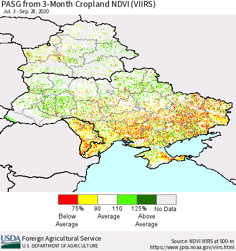 Ukraine, Moldova and Belarus PASG from 3-Month Cropland NDVI (VIIRS) Thematic Map For 9/21/2020 - 9/30/2020