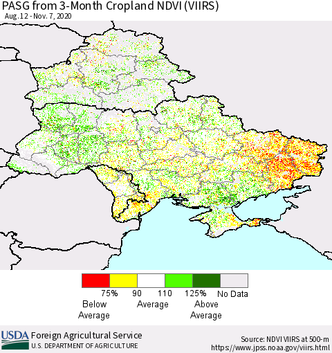 Ukraine, Moldova and Belarus PASG from 3-Month Cropland NDVI (VIIRS) Thematic Map For 11/1/2020 - 11/10/2020