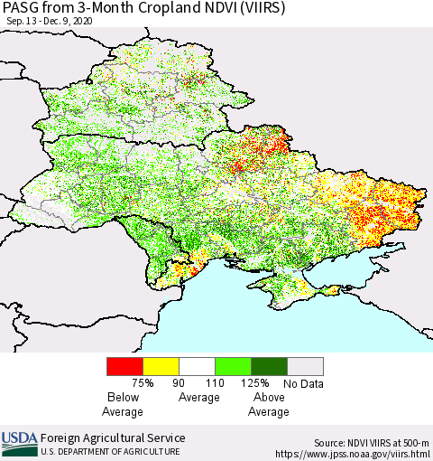 Ukraine, Moldova and Belarus PASG from 3-Month Cropland NDVI (VIIRS) Thematic Map For 12/1/2020 - 12/10/2020