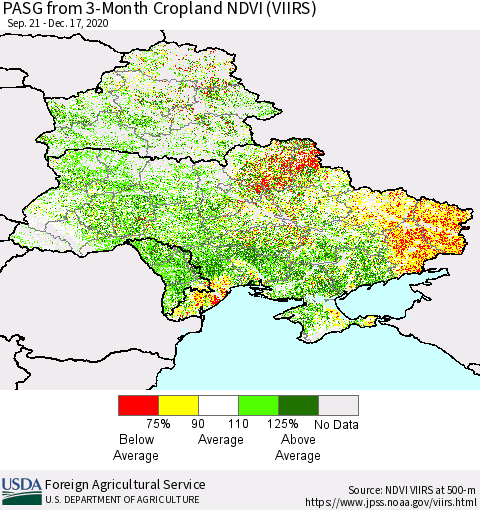Ukraine, Moldova and Belarus PASG from 3-Month Cropland NDVI (VIIRS) Thematic Map For 12/11/2020 - 12/20/2020