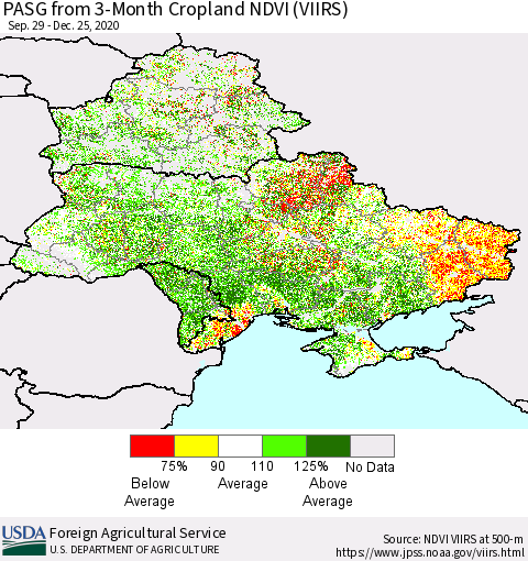 Ukraine, Moldova and Belarus PASG from 3-Month Cropland NDVI (VIIRS) Thematic Map For 12/21/2020 - 12/31/2020