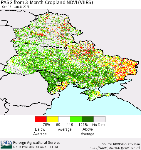 Ukraine, Moldova and Belarus PASG from 3-Month Cropland NDVI (VIIRS) Thematic Map For 1/1/2021 - 1/10/2021