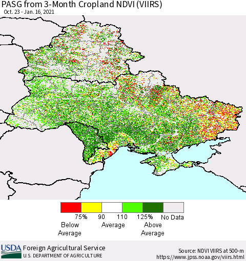 Ukraine, Moldova and Belarus PASG from 3-Month Cropland NDVI (VIIRS) Thematic Map For 1/11/2021 - 1/20/2021