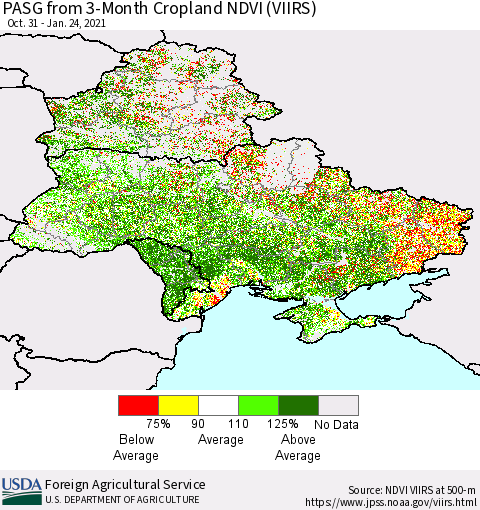 Ukraine, Moldova and Belarus PASG from 3-Month Cropland NDVI (VIIRS) Thematic Map For 1/21/2021 - 1/31/2021