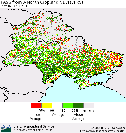 Ukraine, Moldova and Belarus PASG from 3-Month Cropland NDVI (VIIRS) Thematic Map For 2/1/2021 - 2/10/2021