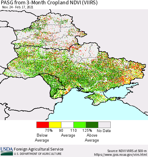 Ukraine, Moldova and Belarus PASG from 3-Month Cropland NDVI (VIIRS) Thematic Map For 2/11/2021 - 2/20/2021