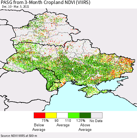Ukraine, Moldova and Belarus PASG from 3-Month Cropland NDVI (VIIRS) Thematic Map For 2/26/2021 - 3/5/2021