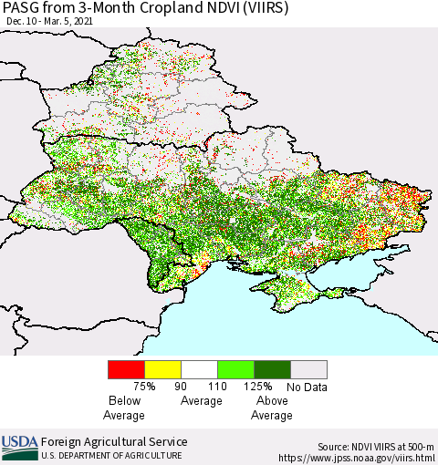 Ukraine, Moldova and Belarus PASG from 3-Month Cropland NDVI (VIIRS) Thematic Map For 3/1/2021 - 3/10/2021