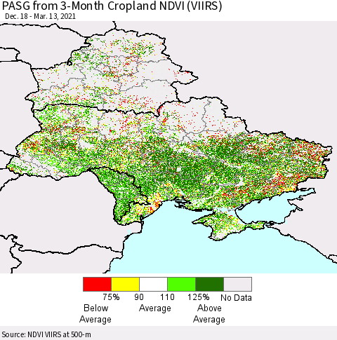 Ukraine, Moldova and Belarus PASG from 3-Month Cropland NDVI (VIIRS) Thematic Map For 3/6/2021 - 3/13/2021