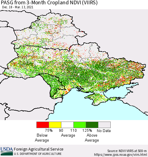 Ukraine, Moldova and Belarus PASG from 3-Month Cropland NDVI (VIIRS) Thematic Map For 3/11/2021 - 3/20/2021