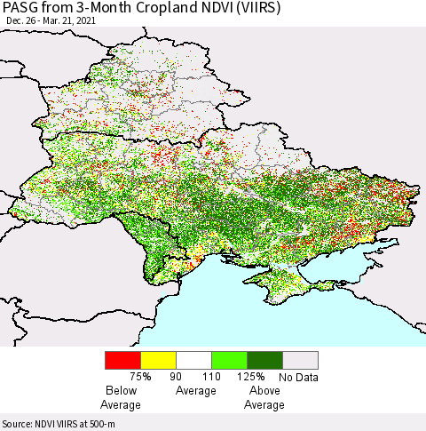Ukraine, Moldova and Belarus PASG from 3-Month Cropland NDVI (VIIRS) Thematic Map For 3/14/2021 - 3/21/2021