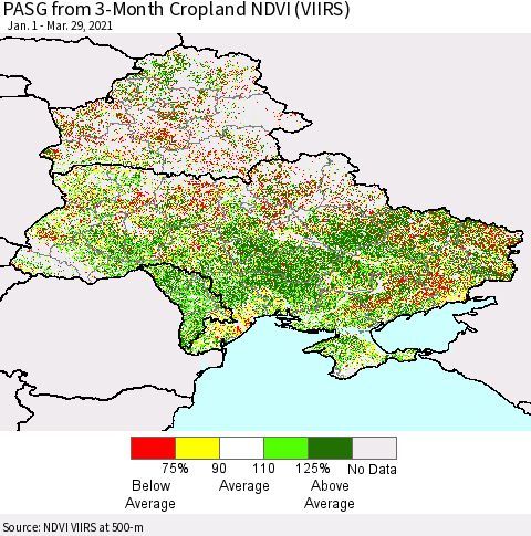 Ukraine, Moldova and Belarus PASG from 3-Month Cropland NDVI (VIIRS) Thematic Map For 3/22/2021 - 3/29/2021