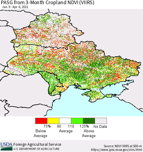 Ukraine, Moldova and Belarus PASG from 3-Month Cropland NDVI (VIIRS) Thematic Map For 4/1/2021 - 4/10/2021