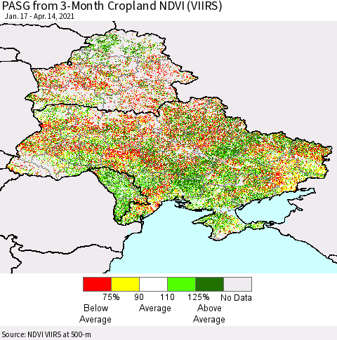 Ukraine, Moldova and Belarus PASG from 3-Month Cropland NDVI (VIIRS) Thematic Map For 4/7/2021 - 4/14/2021