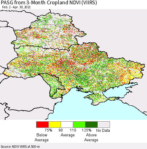 Ukraine, Moldova and Belarus PASG from 3-Month Cropland NDVI (VIIRS) Thematic Map For 4/23/2021 - 4/30/2021