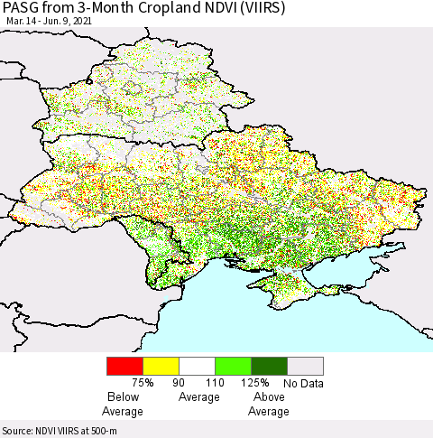 Ukraine, Moldova and Belarus PASG from 3-Month Cropland NDVI (VIIRS) Thematic Map For 6/2/2021 - 6/9/2021