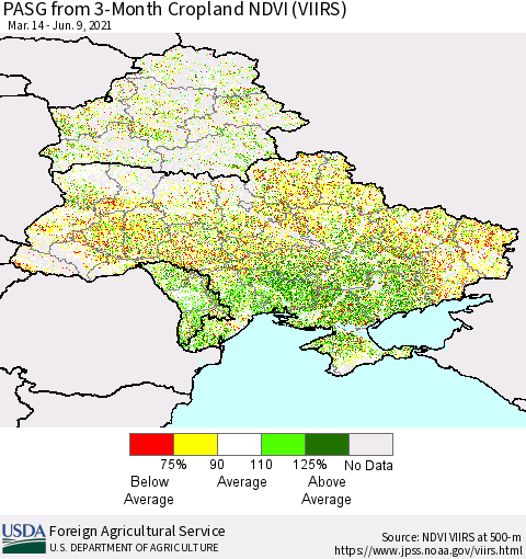 Ukraine, Moldova and Belarus PASG from 3-Month Cropland NDVI (VIIRS) Thematic Map For 6/1/2021 - 6/10/2021