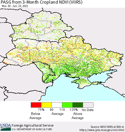Ukraine, Moldova and Belarus PASG from 3-Month Cropland NDVI (VIIRS) Thematic Map For 6/21/2021 - 6/30/2021